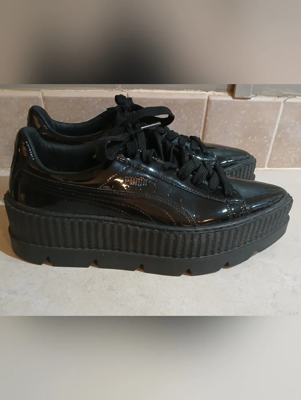 Puma Fenty x Pointy Creeper in the patent black colorway 7.5